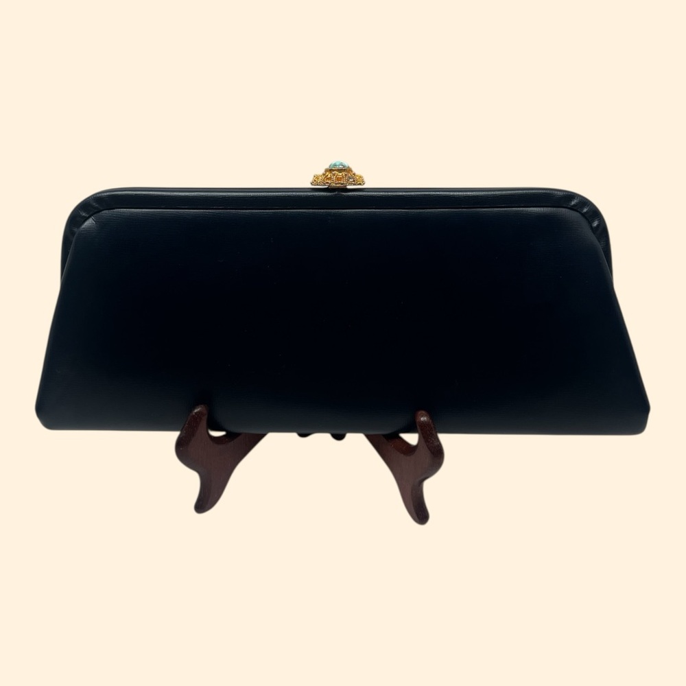 1960s Vintage Navy Blue Clutch with Gold Turquoise Clasp
